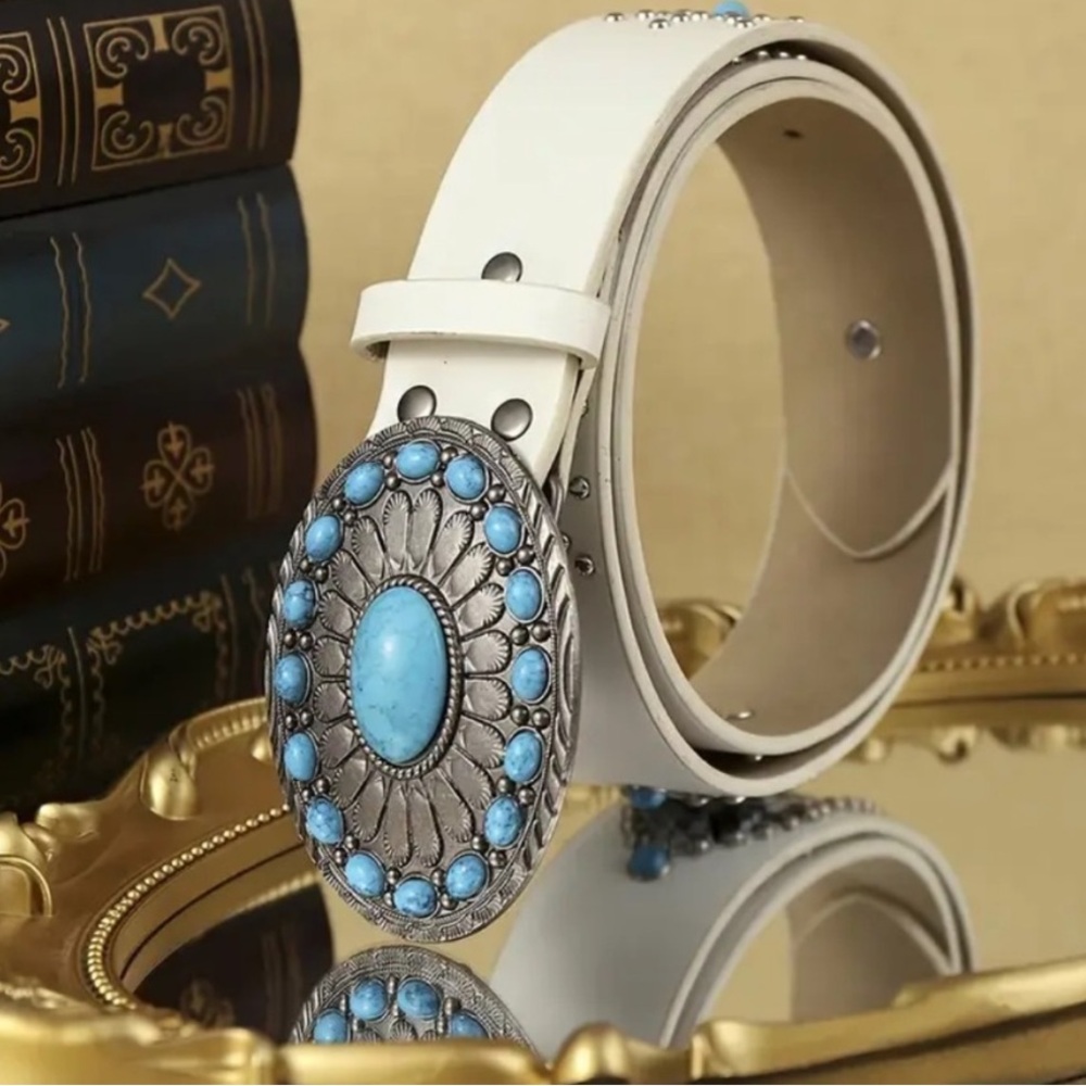 White Belt with Turquoise Accents, Riveting and Snake Skin